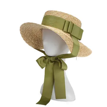 01905-СЛАМЕНА шапка ръчна изработка с лък и дълга лента, женски филц шапки за почивка на плажа, дамски празнична шапка за почивка