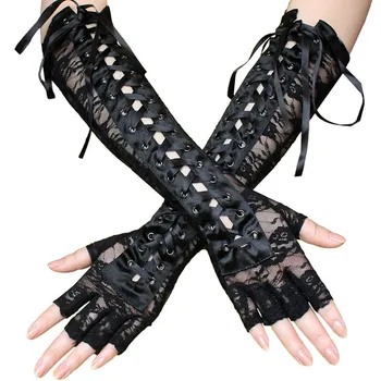 1 Чифт Дълги ретро-женски Ръкавици в стил Лолита в стил steampunk с нарукавной Превръзка, Дантелени Реколта ръкавици с Завязками, Черни Готически Аксесоари за Cosplay, Ръкавици Булката