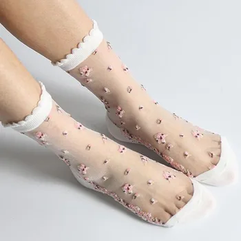 1 Чифт Летни Скъп Дантелен Къси Чорапи, Дамски Секси Стъклени Копринени Дишащи-Тънки Чорапи носочные Изделия с Цветен Модел За Момичета, Прозрачни Ластични Чорапи