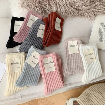 1 чифт японски Едноцветни Зимни Дебели кашмир женските Чорапи от мека Вълна, Ежедневни Дълги Чорапи За момичета, Топли Чорапи, Модни Чорапи