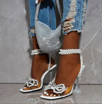 102026 2022 нова мода прозрачен ток планински кристал, перли сандали лък високи токчета секси обувки банкетна женски 