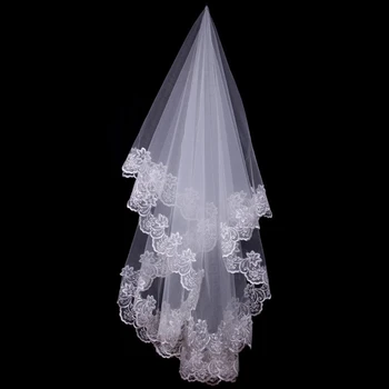 150 см Дамски Сватбена Къси Булчински Воали За Младоженци, Бяла Однослойная Лейси Апликация С Цветя на Ръба