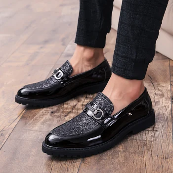 2019 Модни мъжки обувки в класически стил, цвят: златист, Сребрист, Проста Дизайнерски мъжки Ежедневни Обувки, градинска обувки без закопчалка, вечерни клубни обувки, мъжки обувки, формат а4