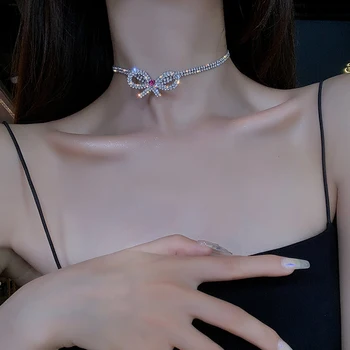 2020 Корея Нов Дизайн На Модни Бижута Луксозни Лъскави Пълен Crystal Секси Лък Колие Колие Момиче На Бала Колие
