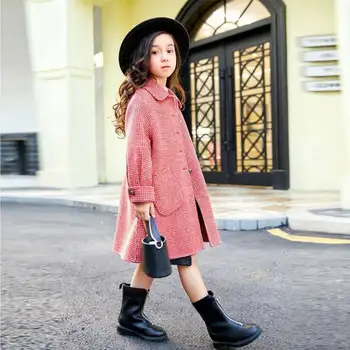 2020 г., Модни Дълги Вълнени жилетки за момиченца, Плътни Топло Есенно-зимни Палта Червен Цвят, Бебешки Дрехи, Палта от 4 до 13 години