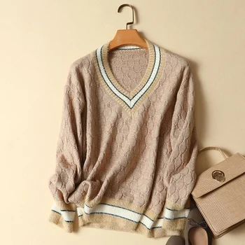 2022 Есенно-зимния Нов дамски Пуловер и Пуловери с V-образно деколте, Възли Свободни Плътни Топли Дамски Елегантни Модни Върхове