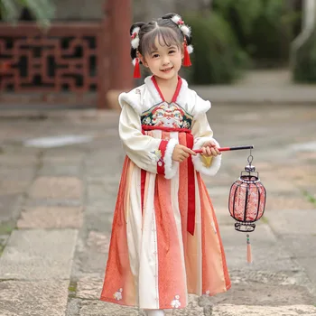 2022 Зима Нови Продукти Бродерия и Удебеляване на Китайското Традиционната Рокля Ханфу За това Сладко Малко Момиче Обличам Полата Принцеса