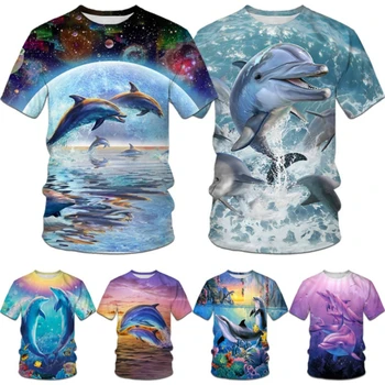 2022 лятна модна тениска с хубав принтом 3d делфин, забавна тениска оверсайз, дамски мъжки ежедневни тениска с къс ръкав