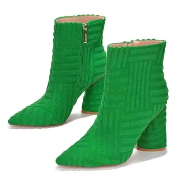 2023 Брендовый Дизайн, Демисезонные Женски Ботильоны, Зелени римски обувки с остри пръсти, дънкови Пикантен дамски Обувки на Квадратен ток със страничен цип