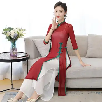 2023 Китайски ципао Виетнам aodai женски традиционната рокля панталони комплект шифоновый роба и панталони женски костюм източното рокля комплект a76