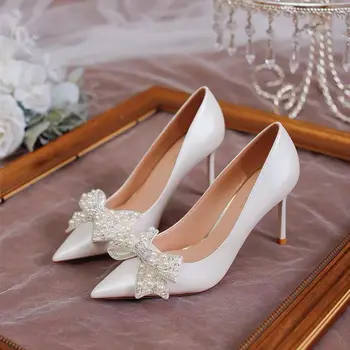 2023 г., Нови Модни дамски обувки на висок ток с остър пръсти, бели сватбени обувки с перли, сватбени обувки за банкет, обувки за партита, дамски обувки