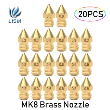 20pcs MK8 Дюзи Латунная Корона Гореща Струя 0.2, 0.3, 0.4, 0.5, 0.6, 0.8, 1.0 мм Резба M6 за Creality На 3/3 Pro / 3 V2 На 5