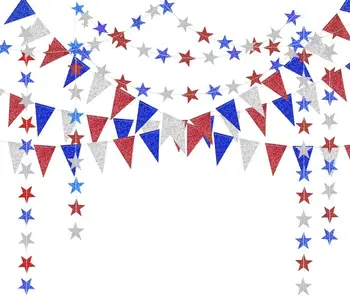 4th Четвърти Юли Блясък и Червено, Синьо, Сребристо-Бели Звезди Триъгълници Венец Банер За САЩ Америка е на Честването на Деня на Независимостта Декор