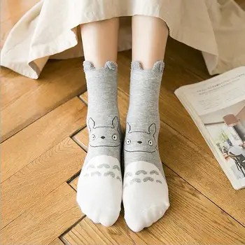 5 бр., Дамски чорапи модел на японския Моден Тоторо с шарени хубава котка, чорапи с шарките на аниме, Розов, сив, Подарък с Животни за Момичета, Kawai, забавни Чорапи