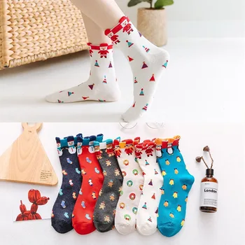 5 двойки женски Коледни чорапи, есенно-зимни Нови Висококачествени Памучни Дишащи модни сладки чорапи с герои от Анимационни филми, на Коледен подарък