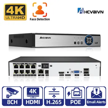 AHCVBIVN 4K 8CH POE NVR H. 265 Аудио Изход за Видеонаблюдение Dvr NVR за POE IP камери (1080P/4MP/5MP/8MP/4K)