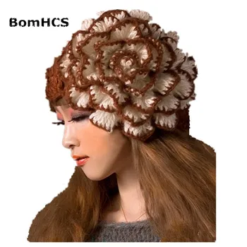 BomHCS Голямо Цвете Дамски Топла Зимна Шапка От 100% Ръчно Плетени Шапка На Една Кука Шапки Подарък