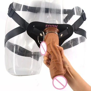 FAAK колан с огромен реалистичен вибратор мек силиконов двуслойни пениса кожа сензорен секс играчки за жени мастурбират кожен колан