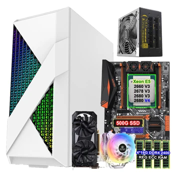 HUANANZHI PC Игри X99-AD4 дънна Платка Xeon 2678 V3 2680 V4 Процесора охладител 4 * 16G RAM 500 ГРАМА M. 2 SSD GPU GTX1660 6GD5 750 W захранване Калъф за PC