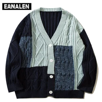 Harajuku ретро контрастен цвят нередовен жилетка вязаный мъжки пуловер пуловер оверсайз дебел пуловер дядо грозен пуловер женски