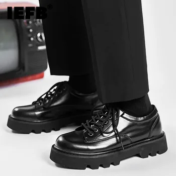 IEFB/ Мъжки Обувки От Изкуствена Кожа Ins Черно на Цвят В британския Стил На Дебела Подметка, Корейската Красива Ежедневни Обувки с Голяма Глава 9A0566