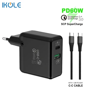 IKOLE PD60W Бързо зареждане + QC SuperCharge 22,5 W Type-C PD3.0 USB Зарядно устройство за Бързо зареждане Подкрепа QC4.0 4 + QC3.0 AFC Мобилен телефон