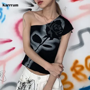 Karrram Y2k Естетика Съкратен Върховете Фея Гръндж Тениска С Принтом Рози Нередовни Harajuku Готически Върхове с Открити Рамене Корейската Мода на 90-те години