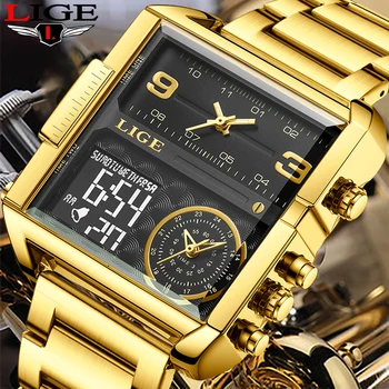 LIGE Нов Най-добрата Марка Луксозни Модни Мъжки Часовник Gold Стомана Спортни Квадратни Цифрови Големи Аналогови Кварцови Часовници за Мъже relogio masculino