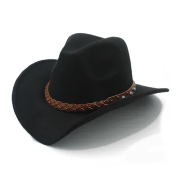 LUCKYLIANJI Вълнена фетровая ковбойская шапка в западен стил За Бебето, детски широка периферия ковбойская шапка, с кожена лента (Размер: 54 см, регулиране на въже)