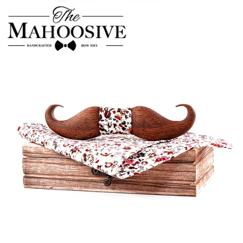 Mahoosive 3D мустаци Сапеле Дървена носи вратовръзка за мъжете подарък Foral цветя модел на джобен квадратен папийонка набор от