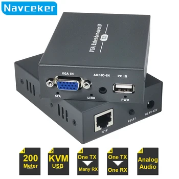 Navceker 200 м IP Мрежа VGA KVM Extender RJ-45, VGA USB Удължител За Cat5 Cat5e Cat6 Кабел Клавиатура Мишка Предавател Приемник