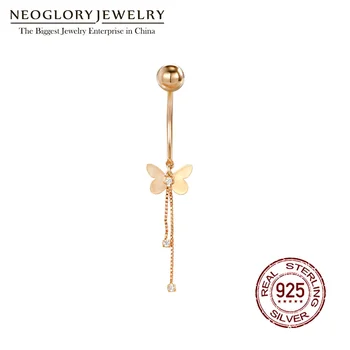 Neoglory S925 Сребърна Златна Пеперуда Пръстени За Пъпа За Жени Пиърсинг Блестящ Бял Циркон Бижута За Пъпа Нов Горещ Подарък
