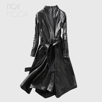 Novmoop Корейски модерен стил, дамско зимно пролетта черно палто с дълъг колан и обувки от овча кожа, дълго яке от естествена кожа, pardessus LT3005