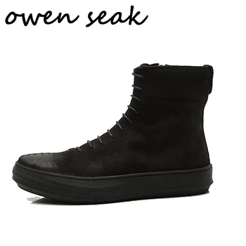 Owen Seak/ мъжки ежедневни обувки; Ботильоны с високо берцем; Маратонки от естествена кожа с цип; луксозни маратонки дантела; зимни черни обувки на плоска подметка