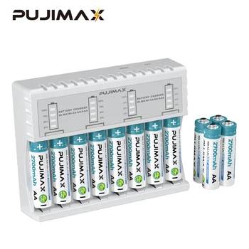 PUJIMAX 8 Слотове Интелигентно Зарядно Устройство Led Дисплей С 4 бр. AA 2700 mah 1,2 Акумулаторна Батерия За Фенерче Детски Играчки