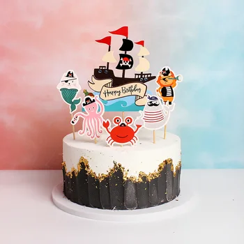 Pirate Тема Честит Рожден Ден На Хартиена Торта Topper Пиратски Кораб Череп Торта За Рождения Ден На Topper Детски Рожден Ден Украса На Торта За Доставка