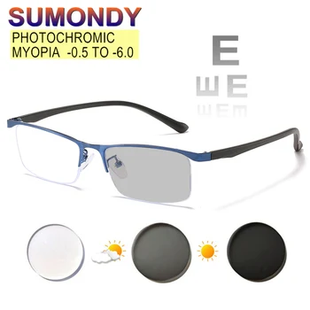 SUMONDY Фотохромичните Очила за Късогледство По Рецепта от -0,5 ДО -6,0 За Жени и Мъже Индивидуални Сплав Половината Рамки Недалновидни Очила UF125