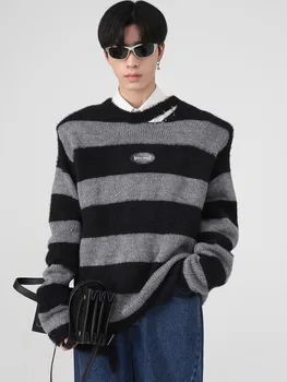 SYUHGFA Мъжки дрехи 2023 Есен Зима Шарени Нередовен Пуловер Свободен Корейски Презрамка Вязаный Пуловер Пуловер с Кръгла Яка