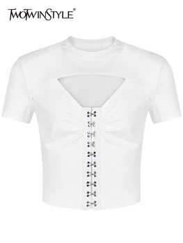 TWOTWINSTYLE Бяла Тениска За Жените С Кръгло Деколте И Къс Ръкав, Обикновена Минималистичные Тениски, Стил на Дамско Облекло, Новост 2022 г.