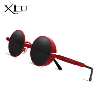 XIU Готически Слънчеви Очила В Стил Пънк С Морски Червени Лещи, Кръгли очила в стил Steampunk, Реколта Мъжки Женски Тенденция Слънчеви очила с UV400