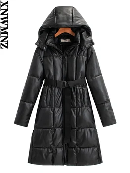 XNWMNZ дамско памучно дълго палто от Изкуствена Кожа с качулка и колан, дамско луксозно Ветрозащитное Топло Дамско зимно палто с Високо Качество