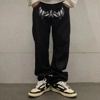 Американски Стил Хай стрийт Хип-хоп Преки Свободни Широки Дънки С Принтом Y2K Ретро Harajuku Мъжки Дънкови Панталони За Нощен Клуб