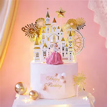 Голям Розов/Златен Замък Виенско Колело Сватбена Торта Topper Хартия Честит Рожден Ден На Крем Торта Поставяне На Флаг Рожден Ден Десерт Украса