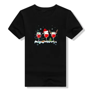 Дамски Три Чаши за вино, Коледна Шапка на Дядо Коледа, Забавна Коледна тениска с Кръгло деколте за любителите на Виното