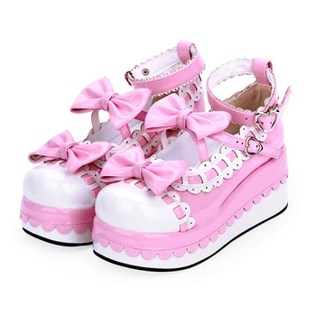 Дамски обувки на принцесата на платформа в стил Лолита, дамски обувки Свързани с Лък, модел обувки с Шарени Аниме Kawai, Розово-бяла Лолита, Големи Размери 41, 42, 43, 44