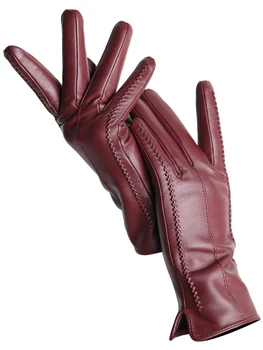 Дамски ръкавици от овча кожа, зимни топли, плюс кадифе, къси, тънки, за управление с докосване на екрана, цветни дамски кожени ръкавици с добро качество -2226