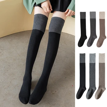 Дамски чорапи, Нови есенно-зимни Чорапи с дълги штанинами, средната тръба, с дължина до Коляното, Контрастен Цвят, Памук, Всекидневен Комфорт, Моден Тренд