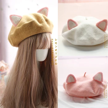 Дамски шапка-барета ръчно изработени, лека шапка с кошачьими уши, есенно-зимна вълнена шапка, скъпа шапка в стил Лолита