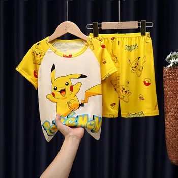 Детски пижамные комплекти с Pikachu За Момчета и Момичета, Пижама с Къси ръкави и Шарките от Анимационни Pokemon, Комплект Детски пижами, домашно облекло