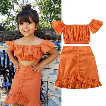 Дрехи за малките момичета, детски оранжево съкратен топ с открити рамене, пола трапецовидна форма с волани, Комплект детски дрехи от 2 теми, летен комплект от 1 до 6 години